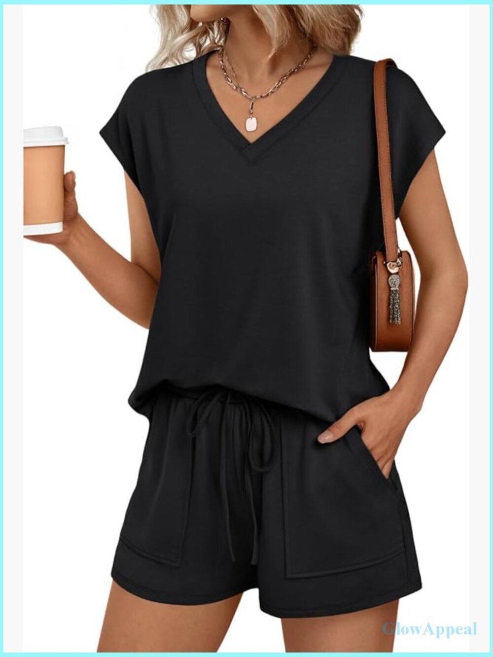 Women's 2 Piece V Neck Lounge Set Cap Sleeve Top & Shorts